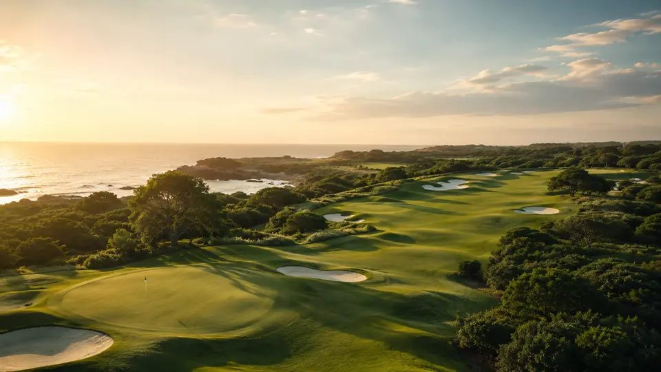Coastal golf course with fairways, bunkers, and ocean at golden hour