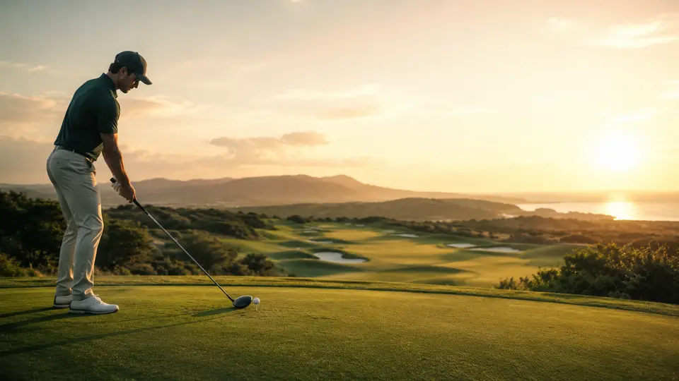 Golfer preparing to tee off on a coastal golf course at golden hour