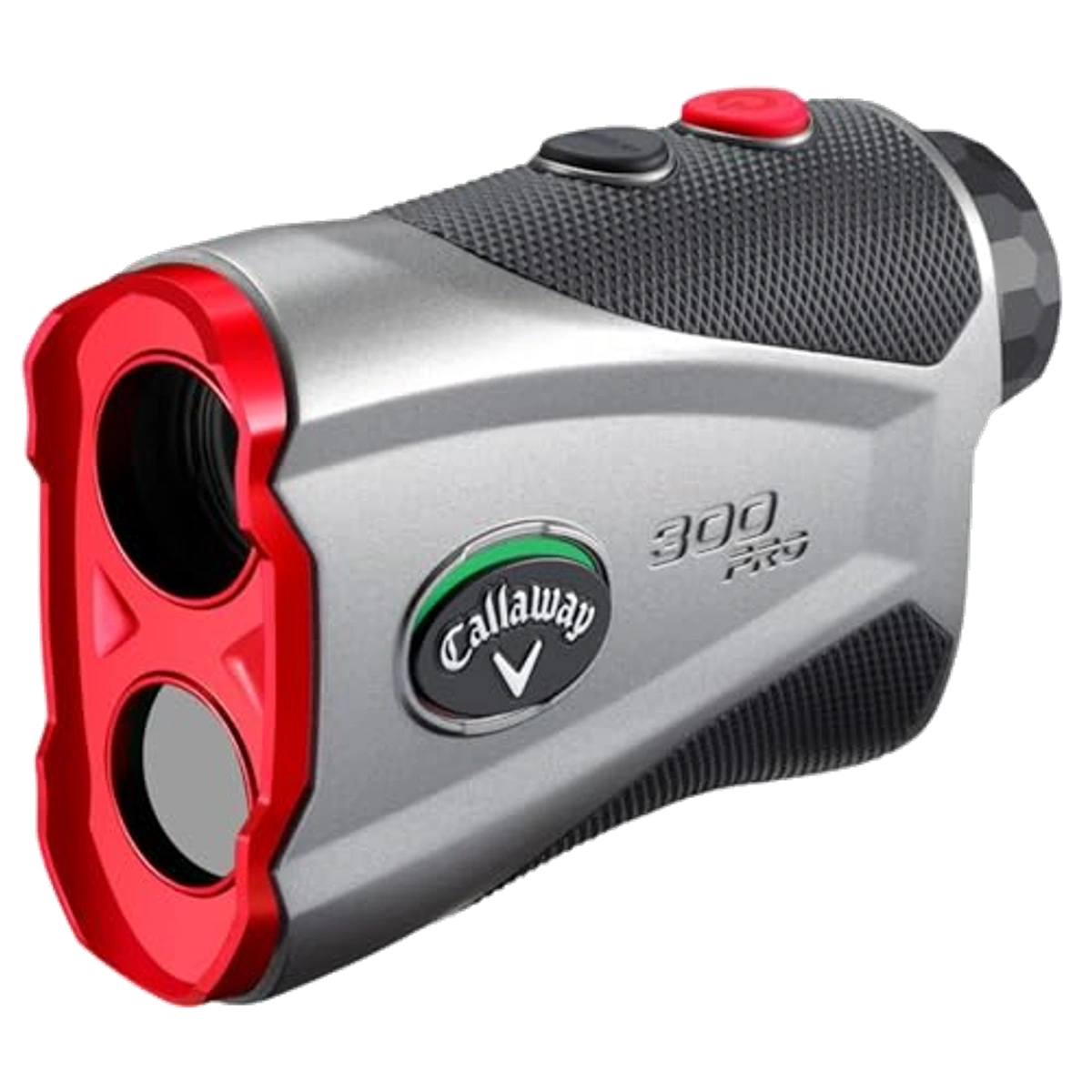 Golf rangefinder beside golf balls and accessories