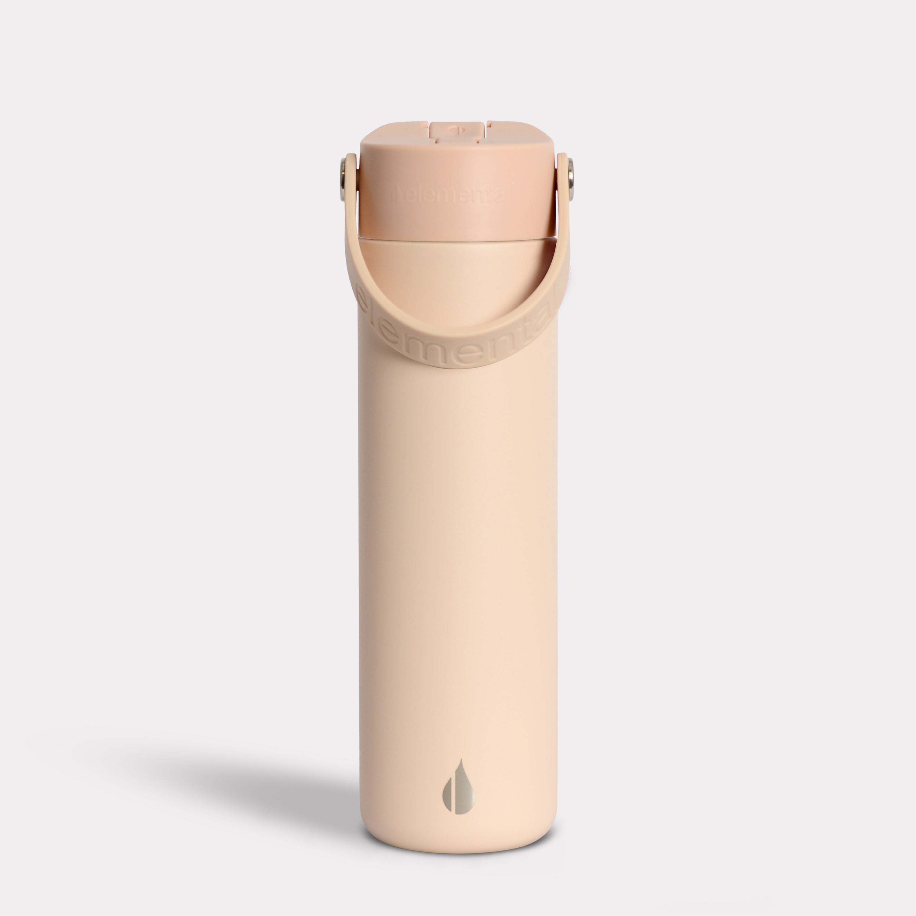 Beige Elemental Core Bottle with the carry strap attached