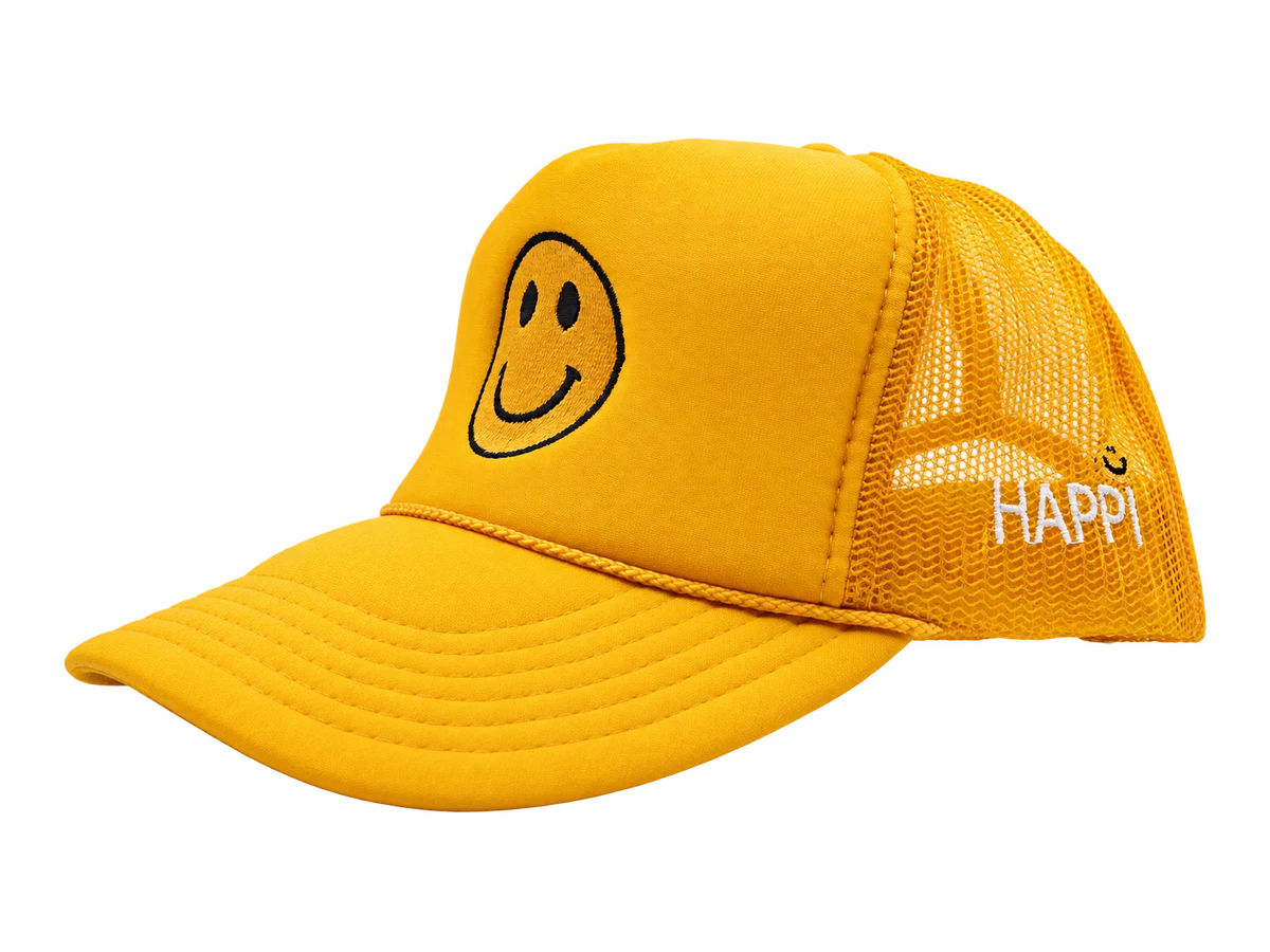 Golden Sunray yellow trucker hat with smile patch and mesh back