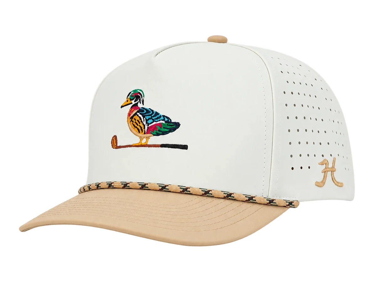 Hinotori Woody Performance Hat in cream and tan with wood duck embroidery