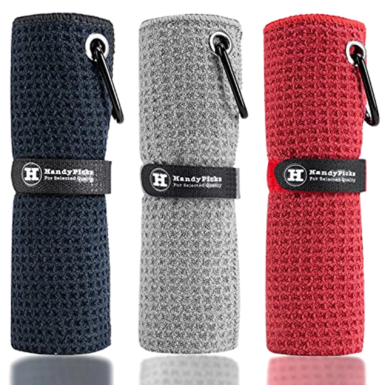 Three Handy Picks microfiber golf towels with clips shown in a clean product cutout
