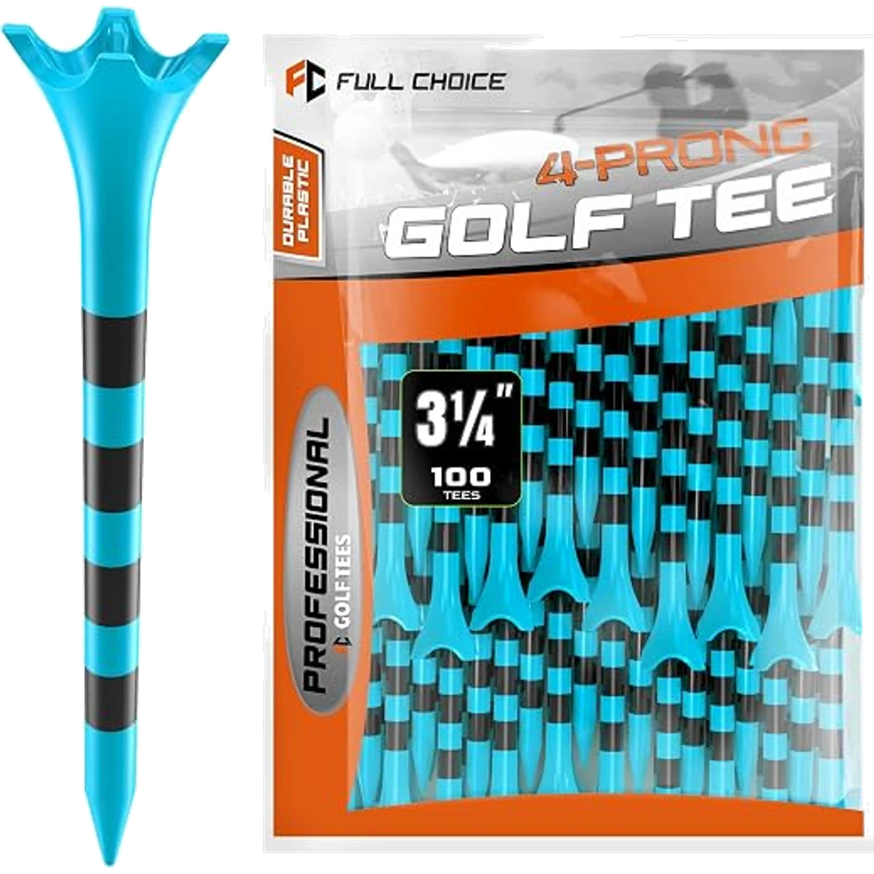 Blue plastic golf tee and package shown in a clean product cutout