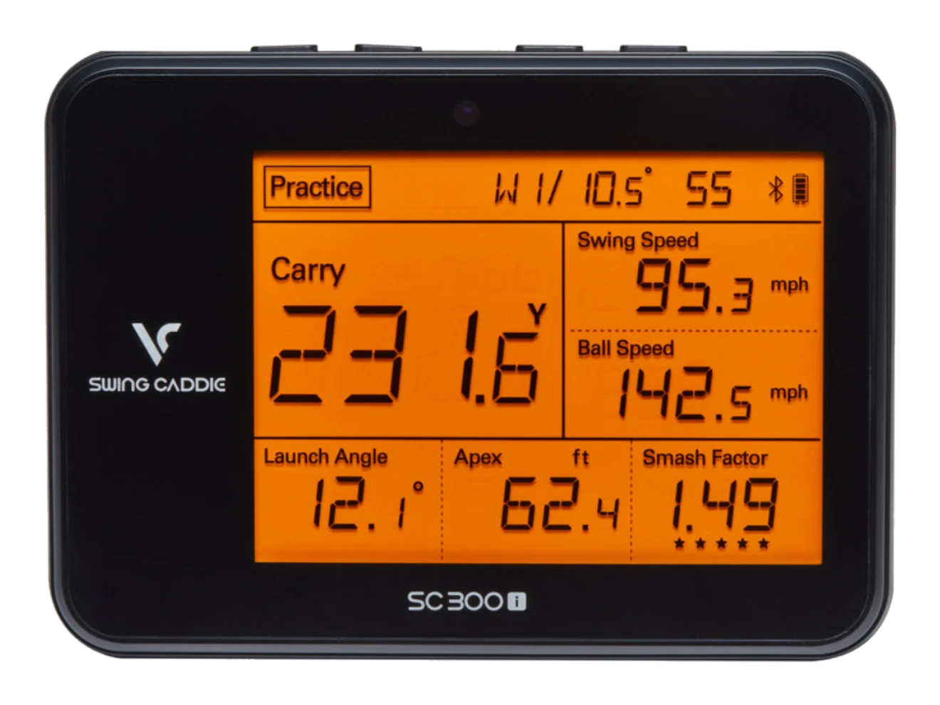 Voice Caddie Swing Caddie SC300i launch monitor showing carry, swing speed and ball speed