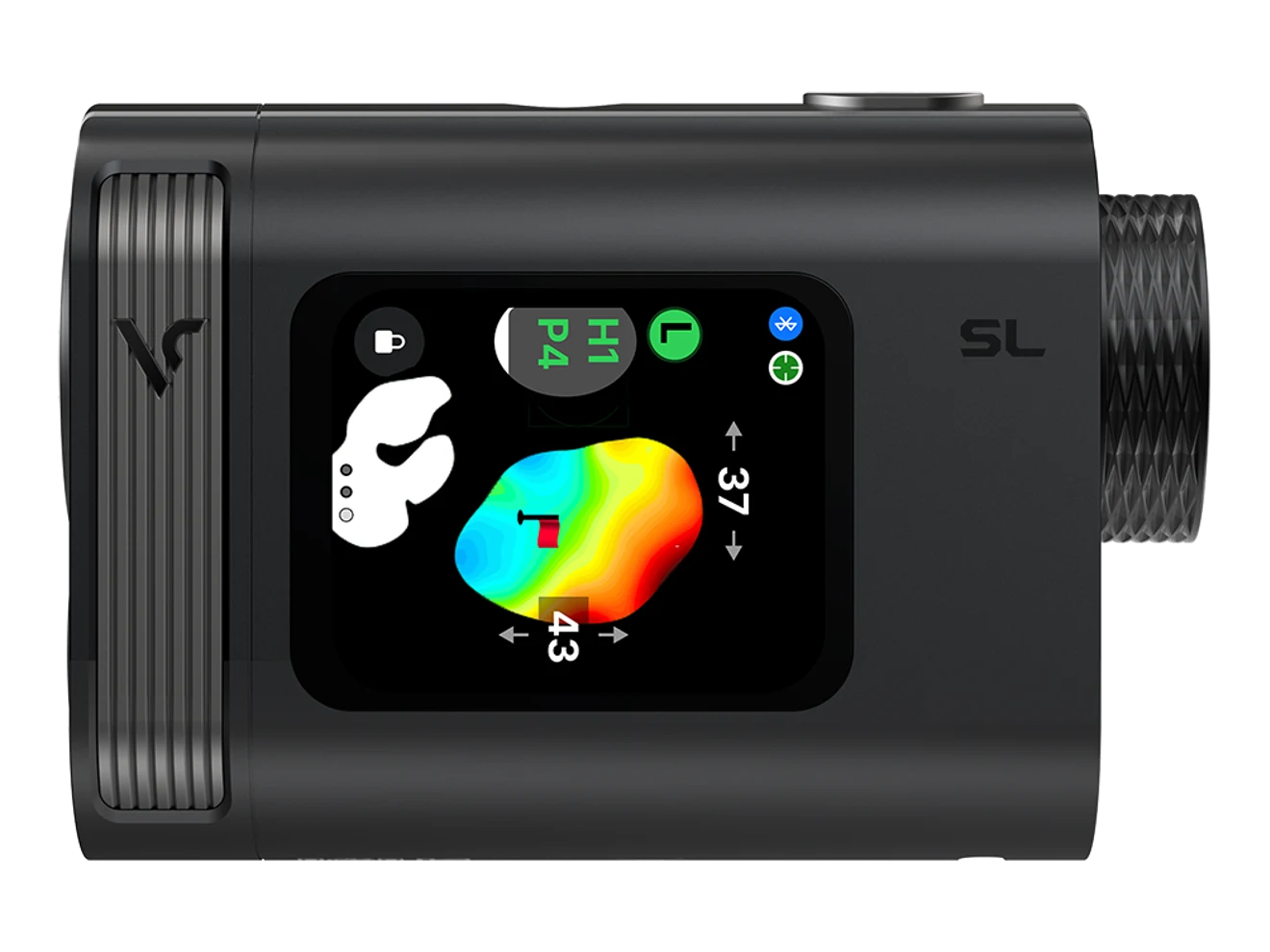 Voice Caddie SL Mini rangefinder with a color touchscreen showing a green map